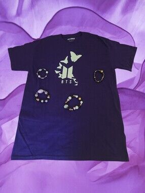 BTS Borahae Purple Butterfly Custom Shirt & 4pc Handmade Bracelet Stack Bundle